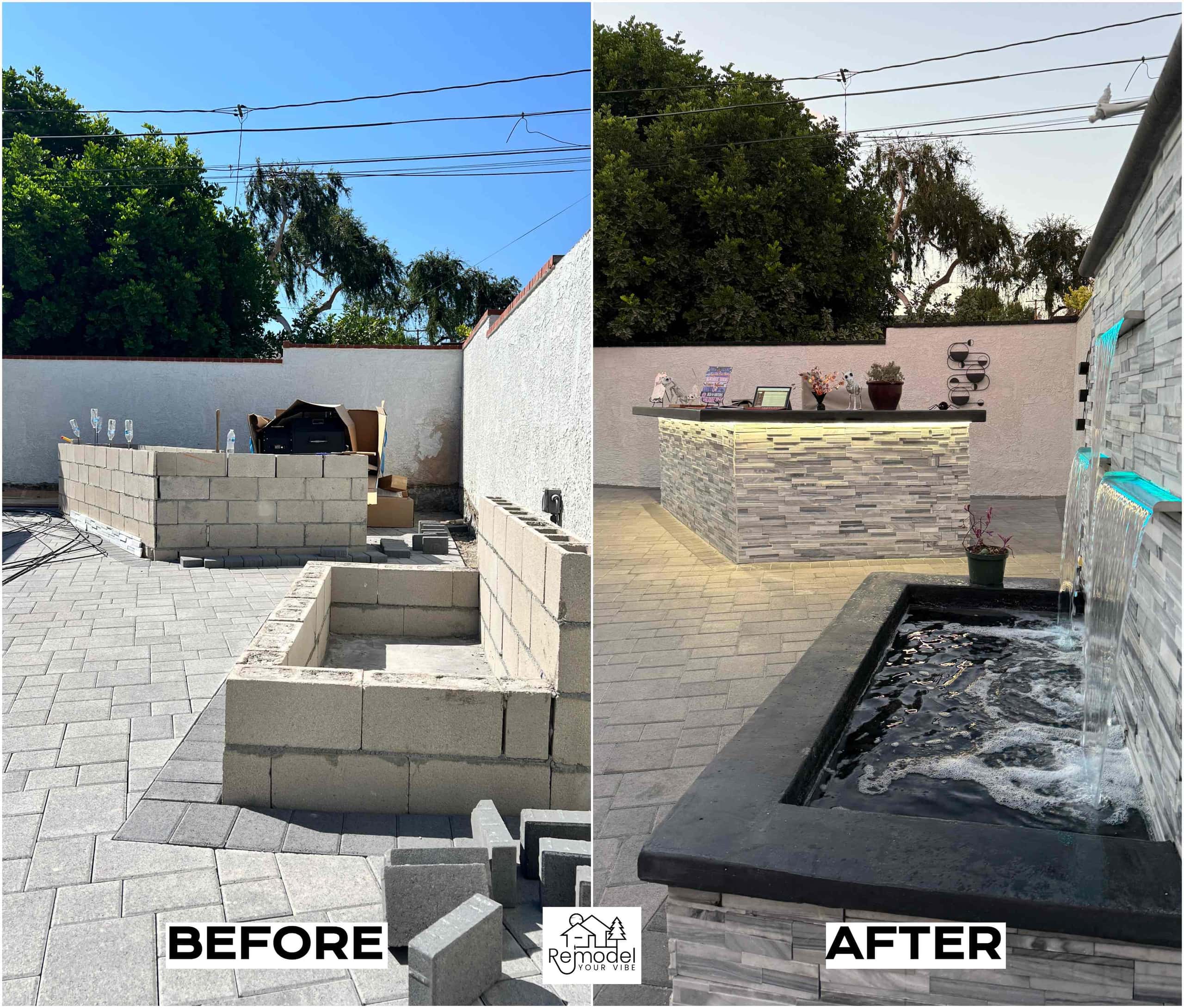 Outdoor Kitchen & Water Feature, before and after