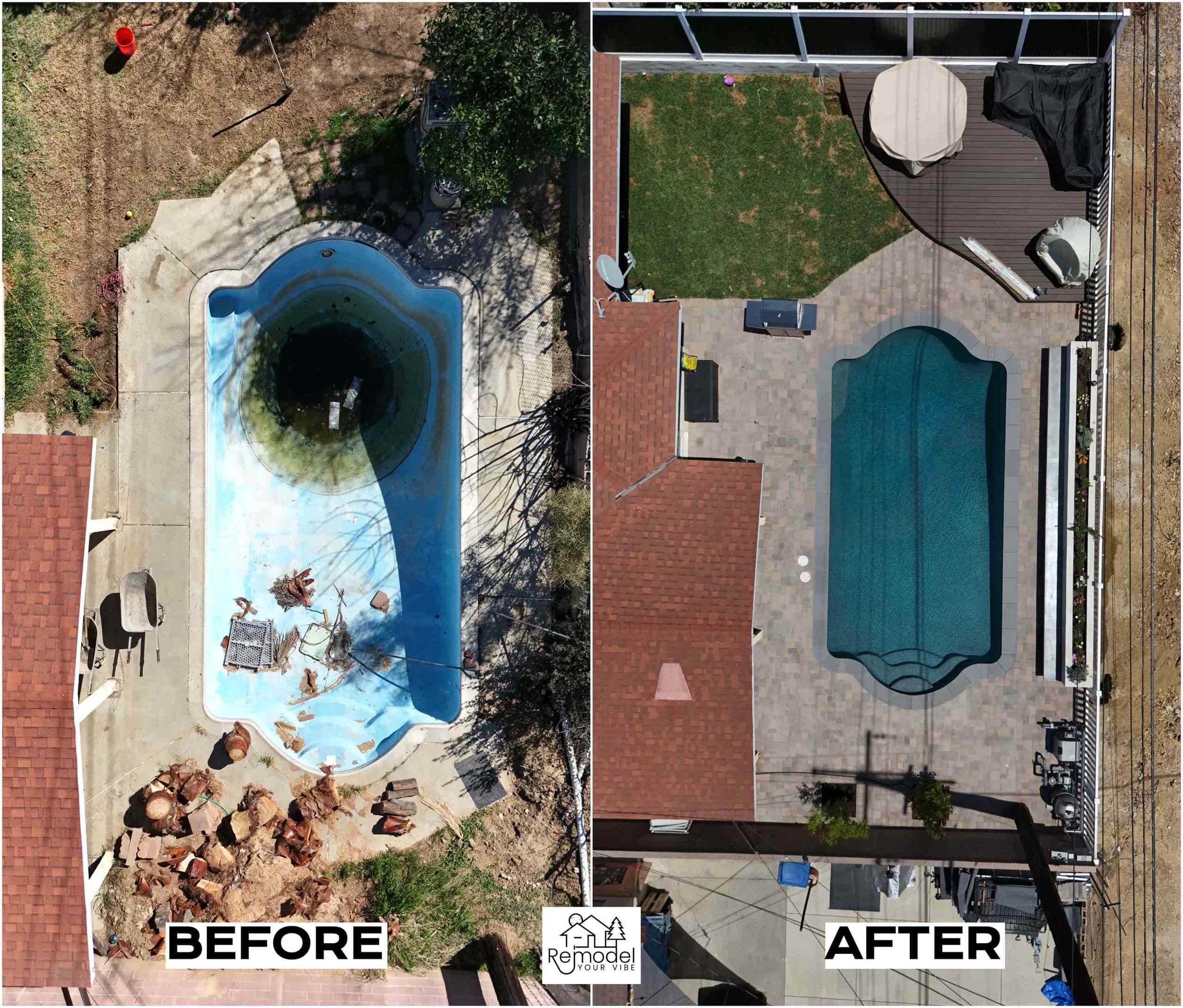 Aerial Pool Renovation, before and after