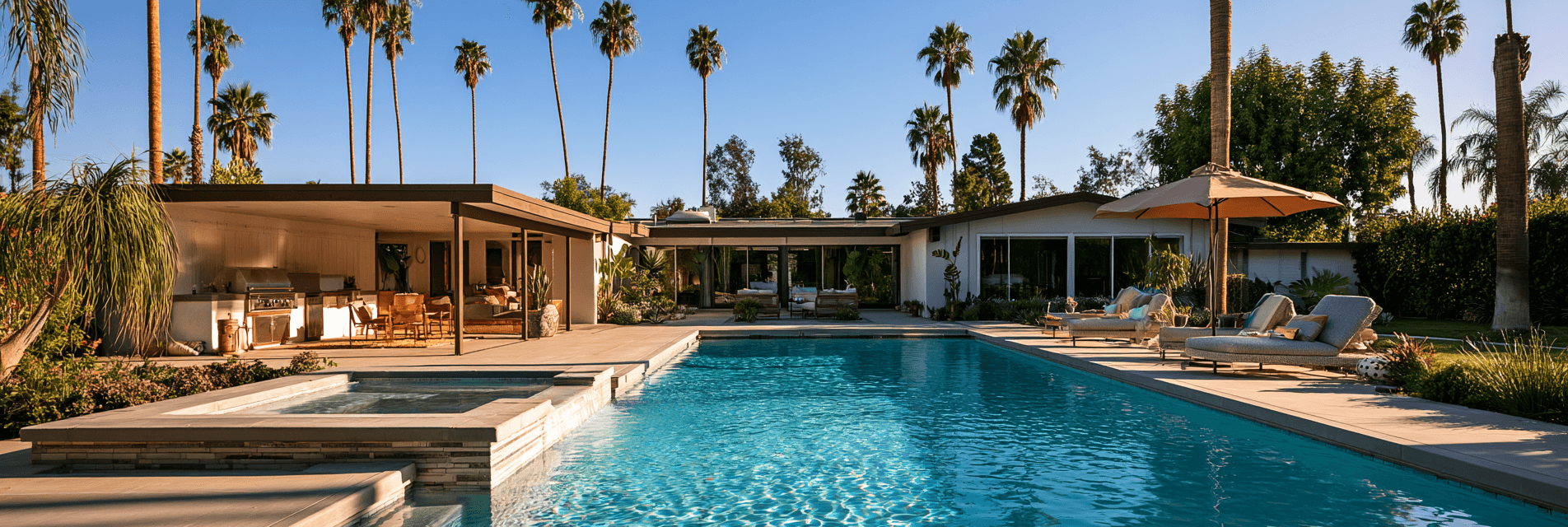 Modern Southern California home at dusk with a lit pool, spa and outdoor kitchen