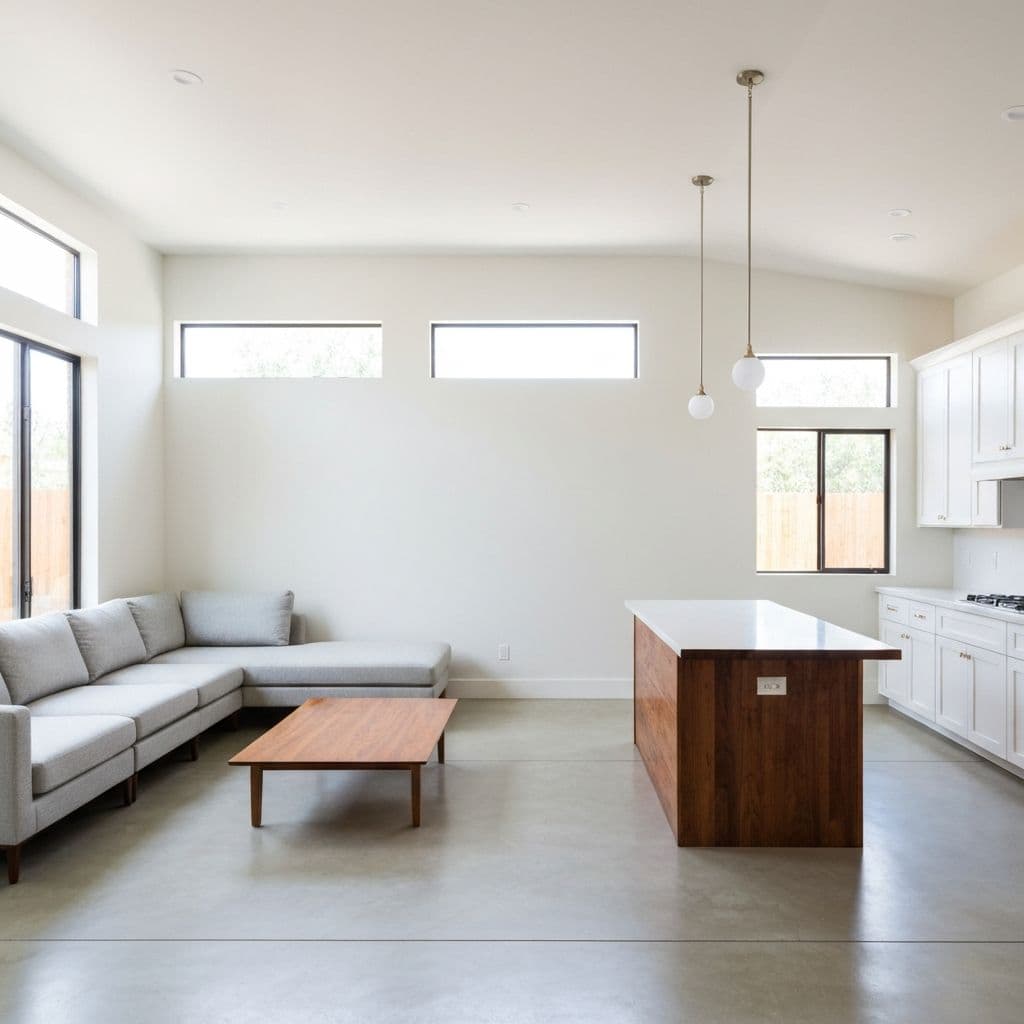 Open-plan living room and kitchen with polished concrete floors