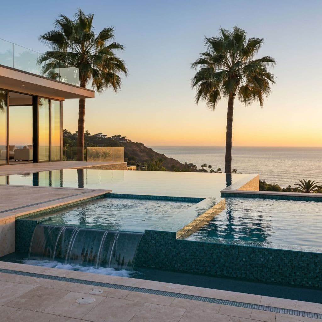 Infinity-edge pool and spa with a sheer spillway and an ocean view at sunset
