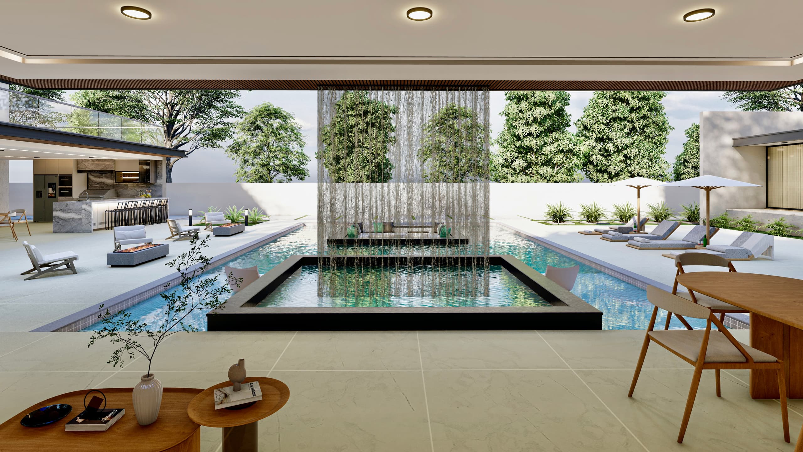 3D render of a luxury outdoor oasis with pool, water feature, and outdoor kitchen