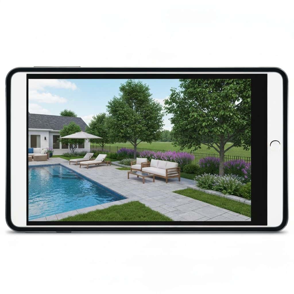 3D rendered backyard visualization shown on tablet