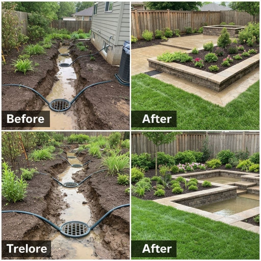 Backyard remodeling project showing drainage issue and solution