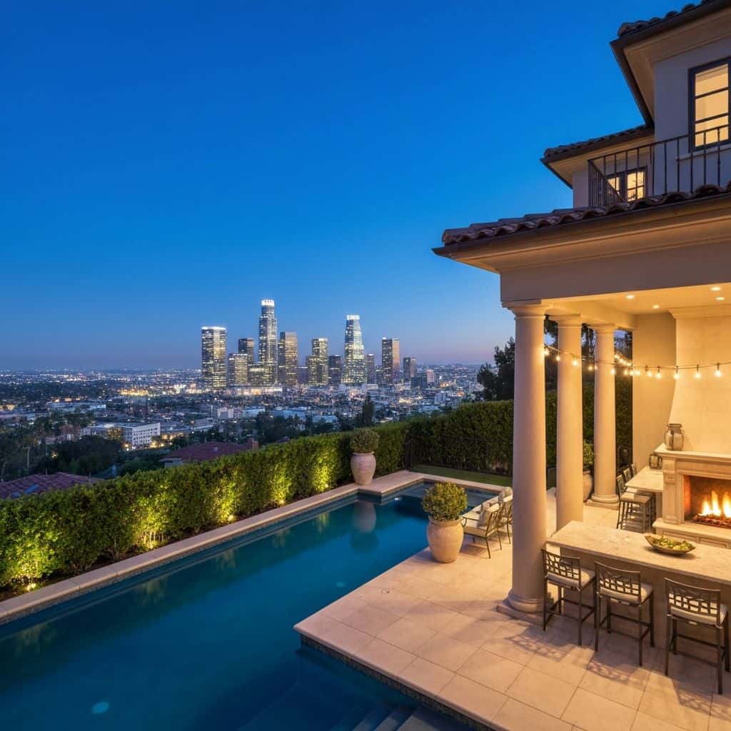 Luxury backyard remodel in Beverly Hills with infinity pool and outdoor living room