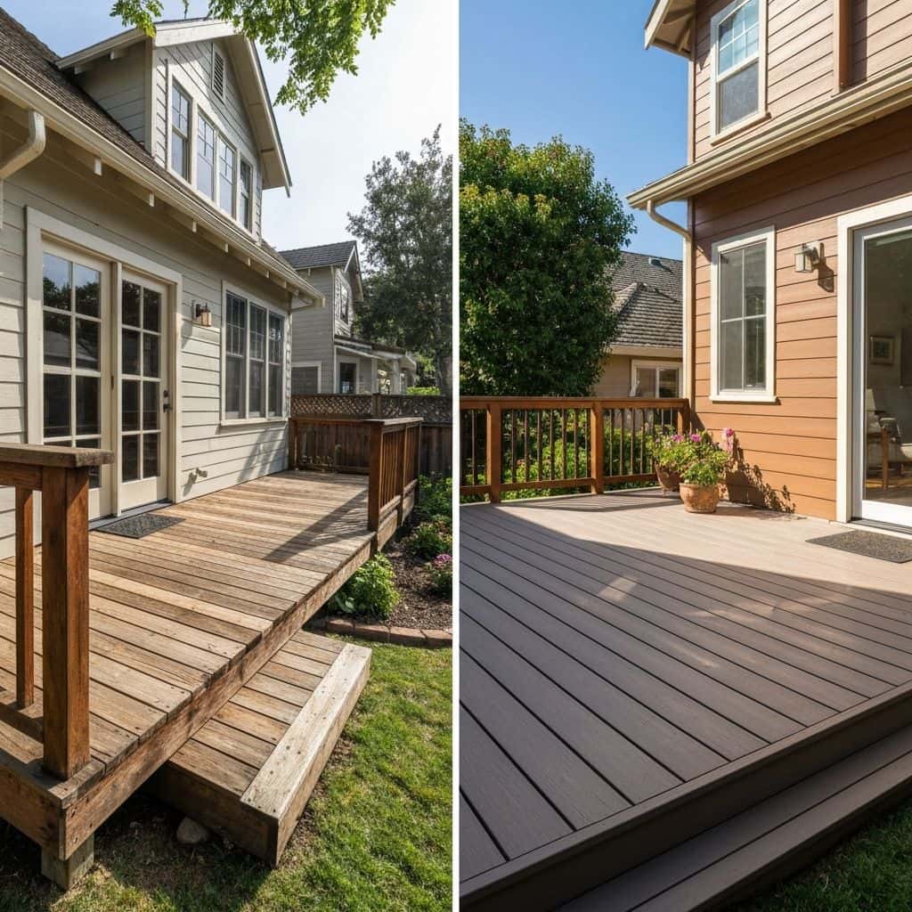 Split comparison of composite deck and wood deck in California home