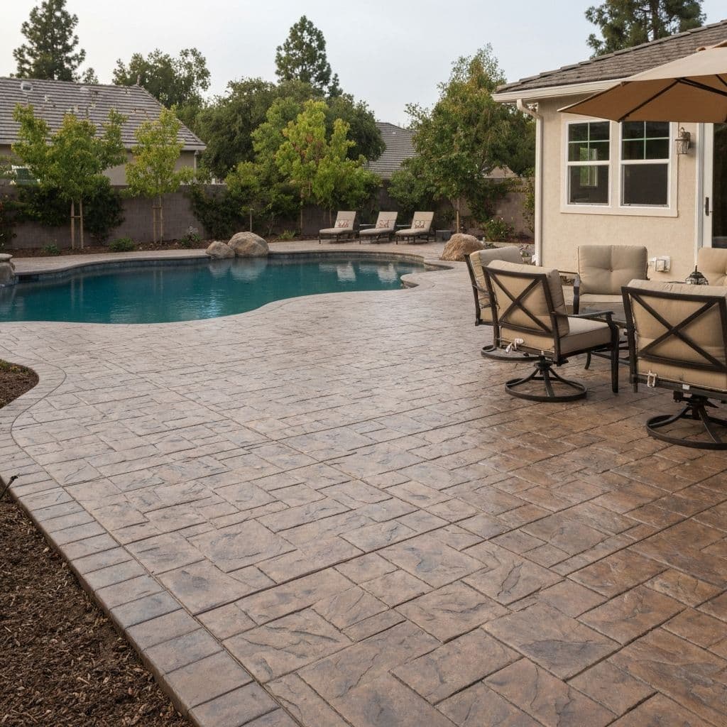 Stamped concrete patio with stone pattern in California backyard