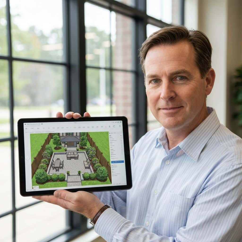 Architect reviewing 3D renderings with homeowner in design studio