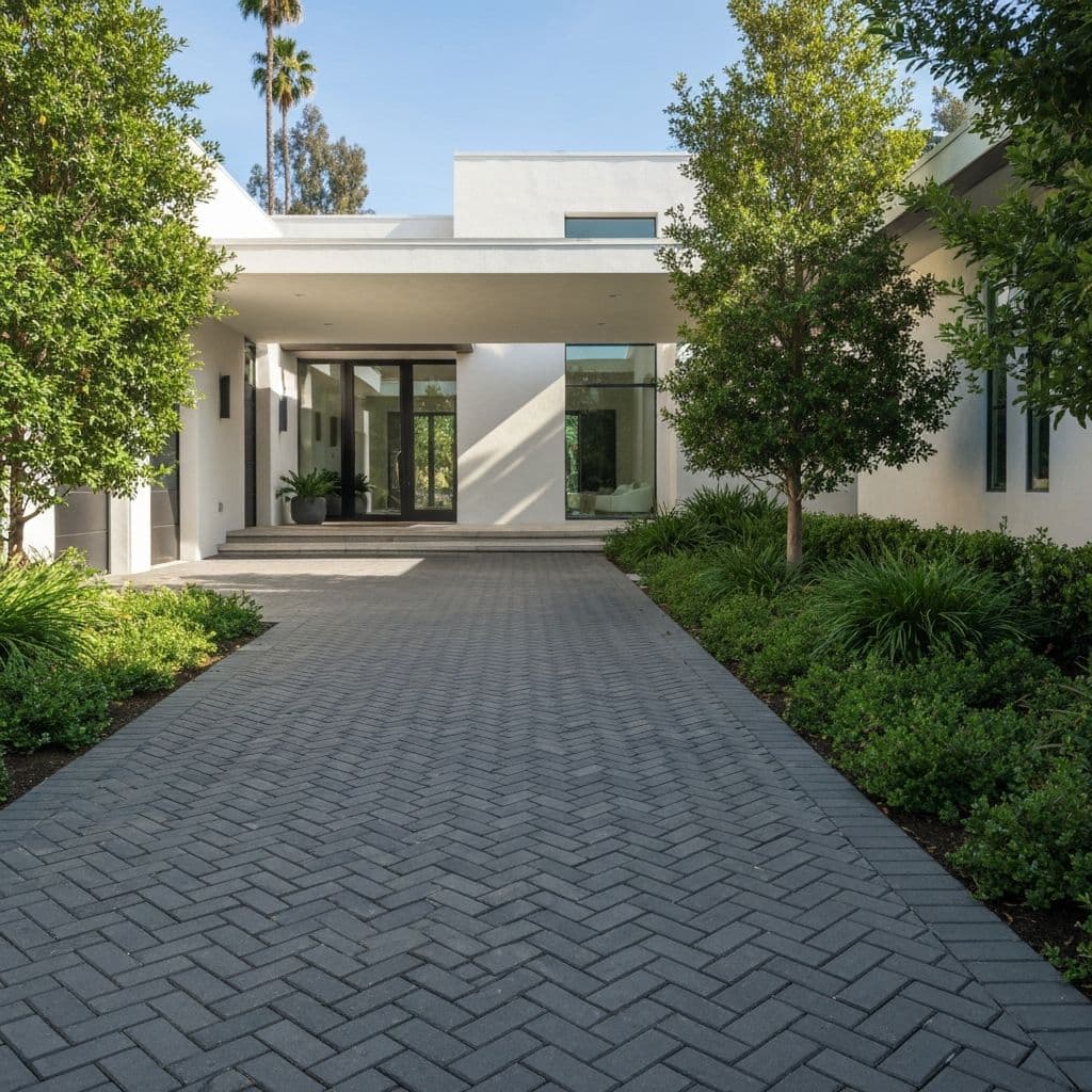 Modern paver driveway with herringbone pattern leading to California home