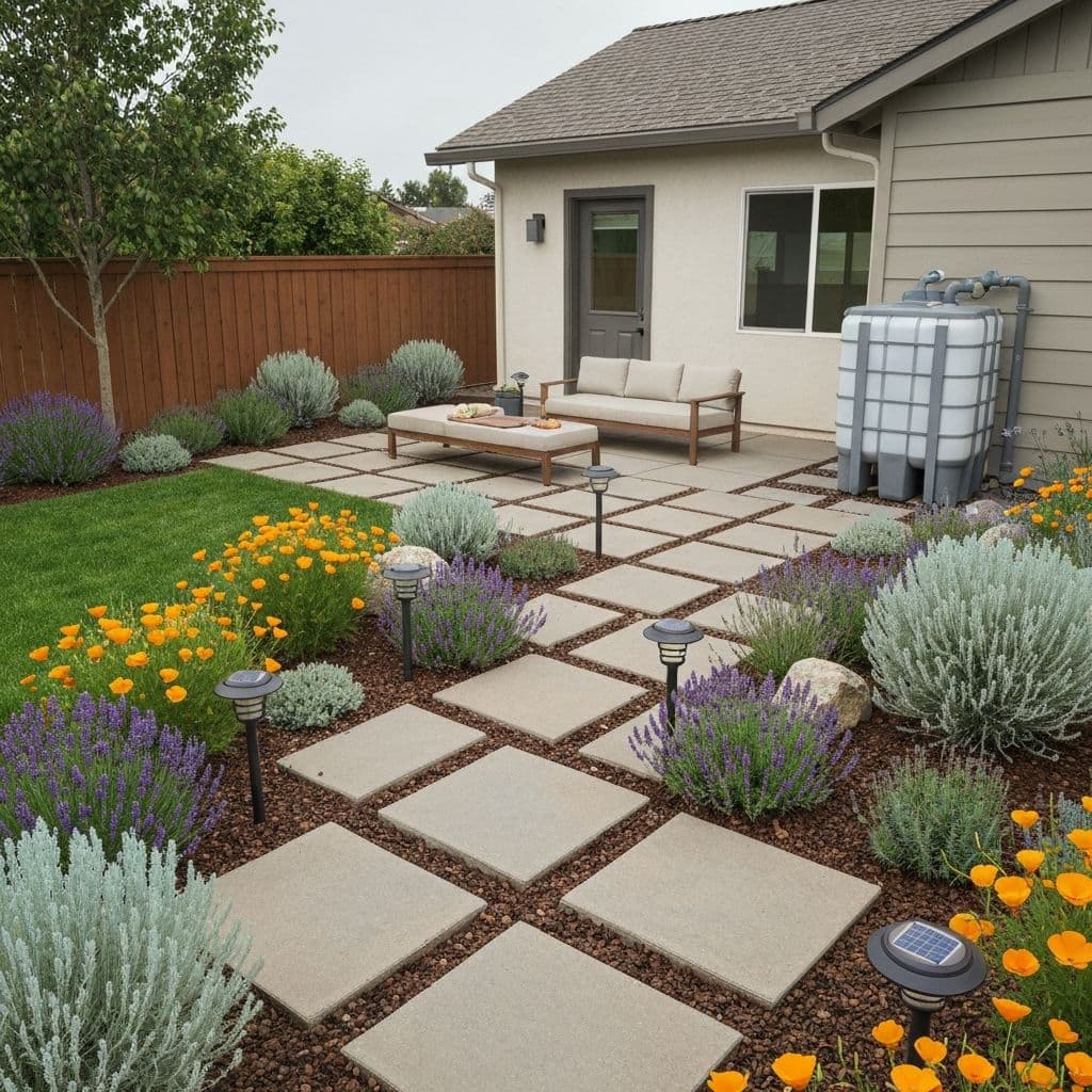 Sustainable backyard design with native plants, permeable pavers, and water features