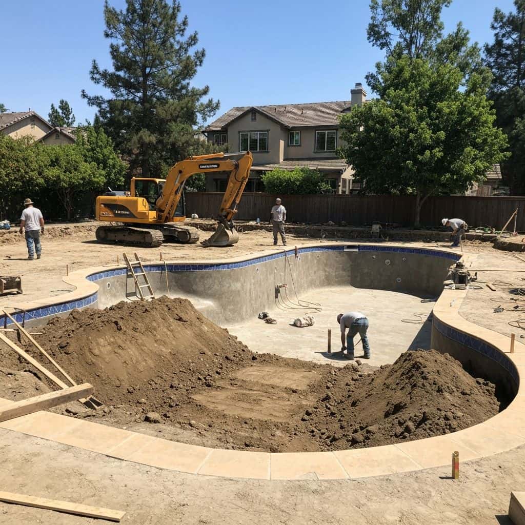 Excavator working on pool dig in California backyard