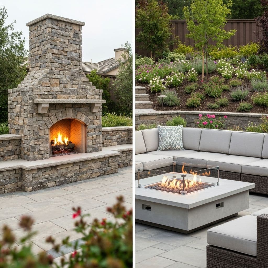Split comparison of outdoor fireplace and fire pit in luxury backyards