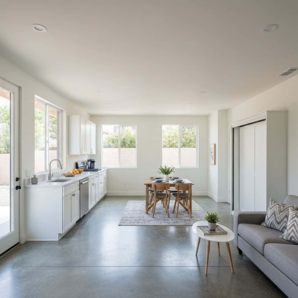 Modern garage conversion ADU interior with kitchen and living space