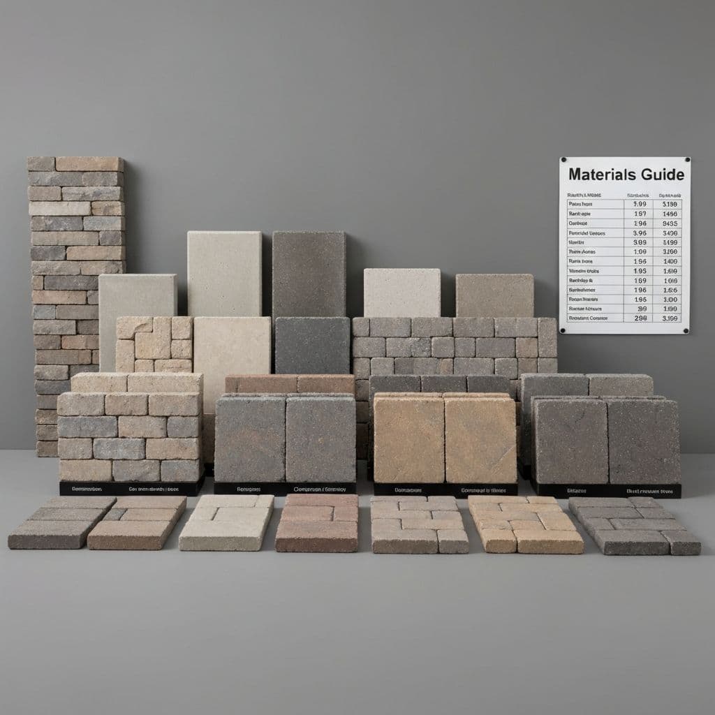 Various hardscape materials showing cost comparison samples
