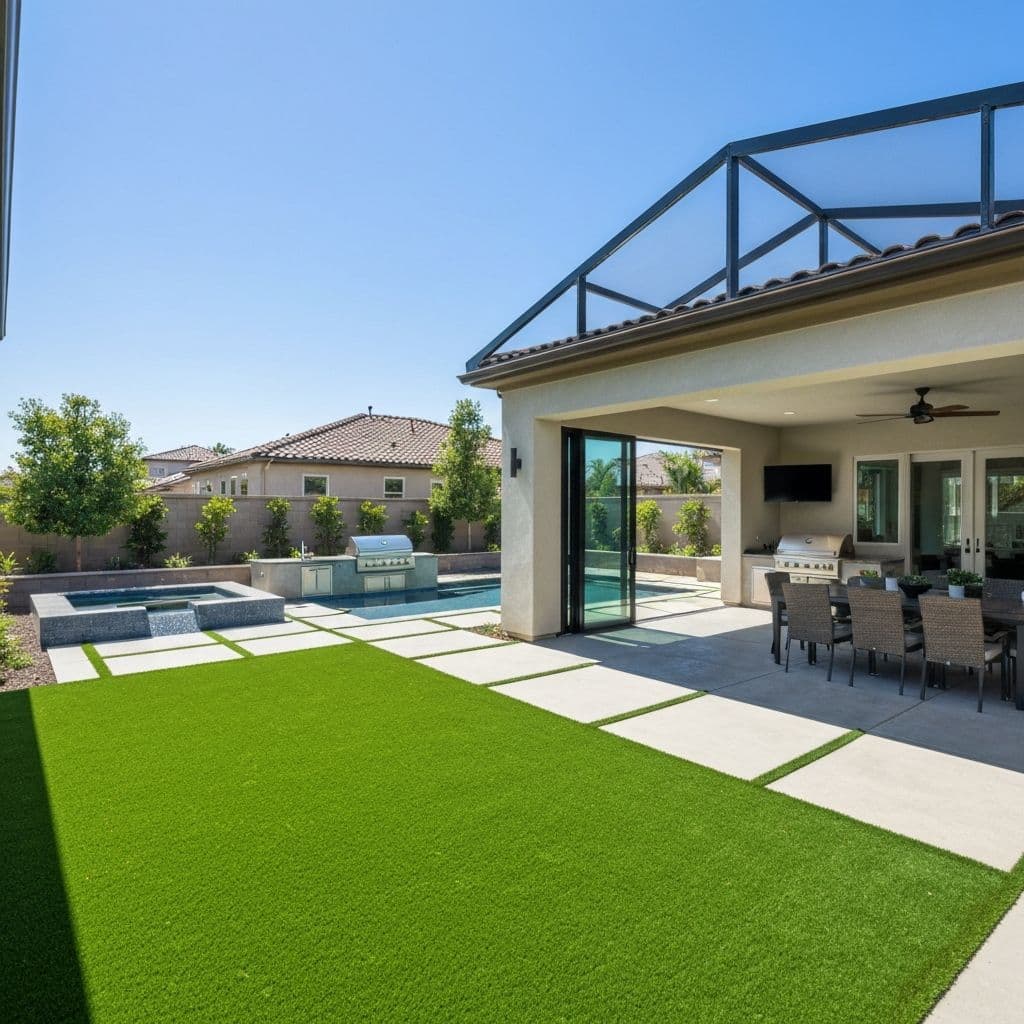 Modern backyard in Irvine with pool, outdoor kitchen, and California room