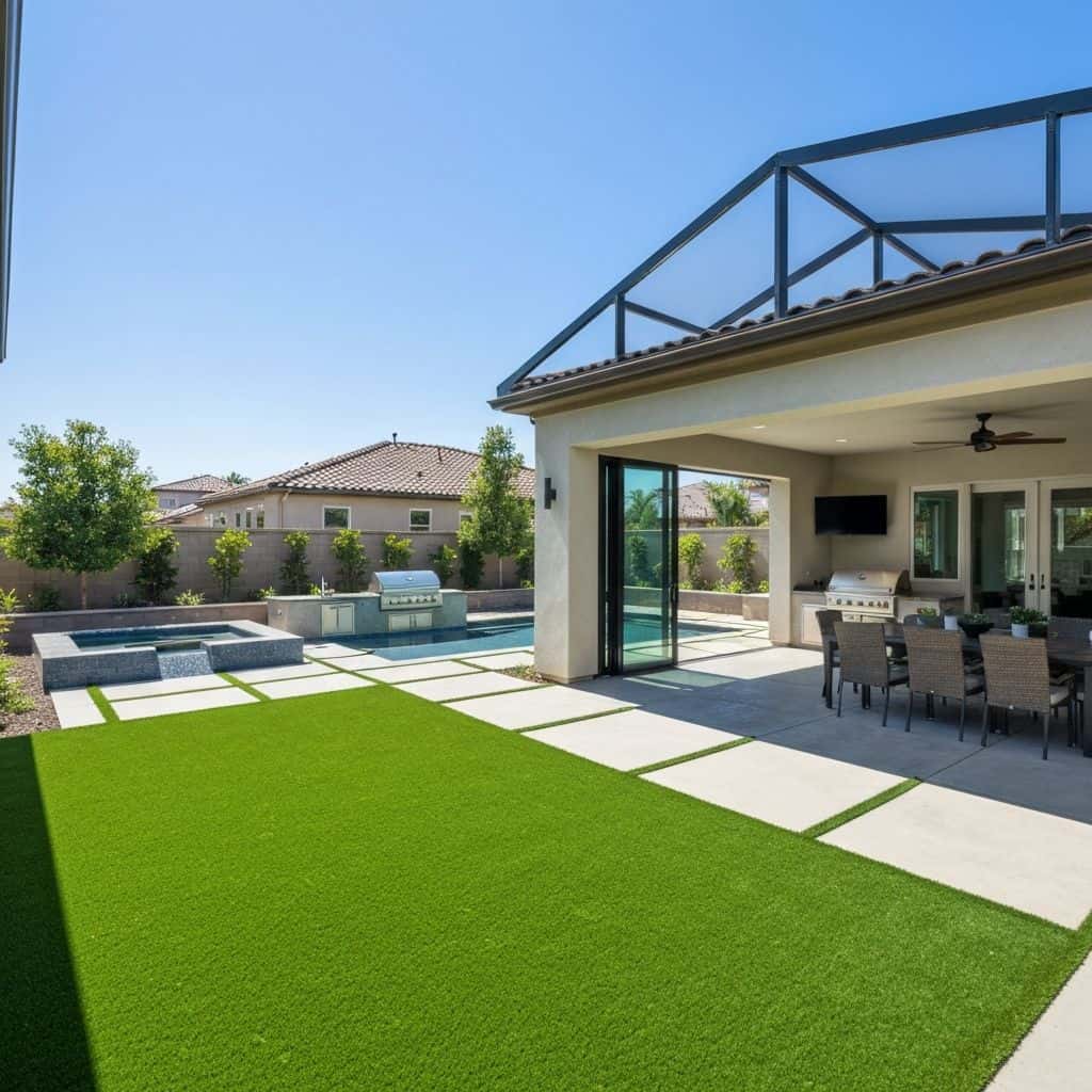Modern backyard in Irvine with pool, outdoor kitchen, and California room