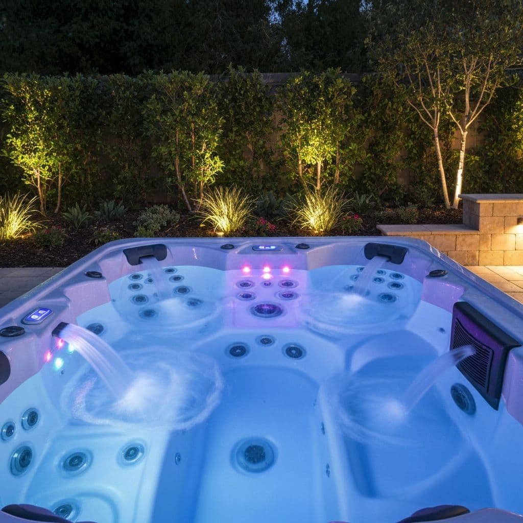 Luxury backyard spa with hydrotherapy jets and ambient lighting