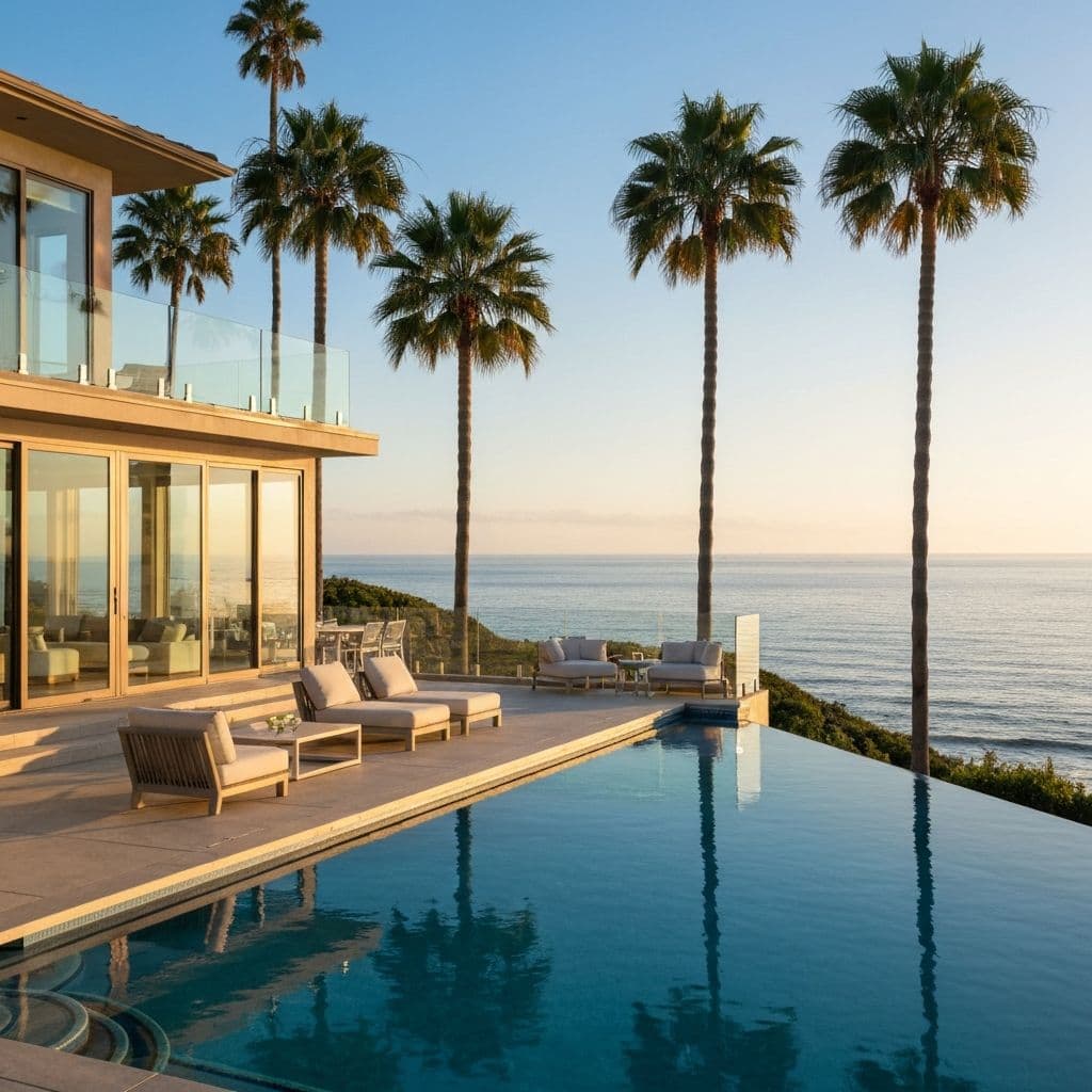 Luxury Malibu backyard with infinity pool overlooking Pacific Ocean