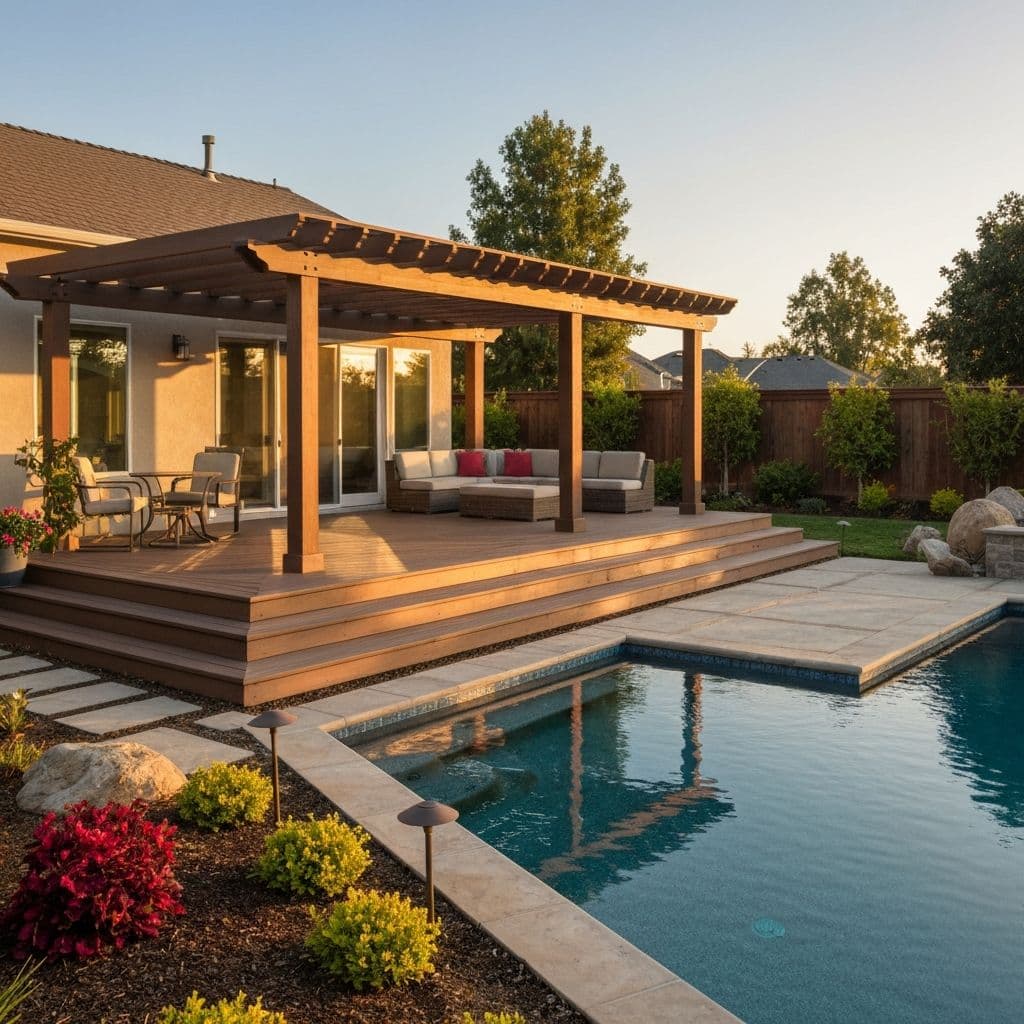 Contemporary multilevel composite deck with integrated features