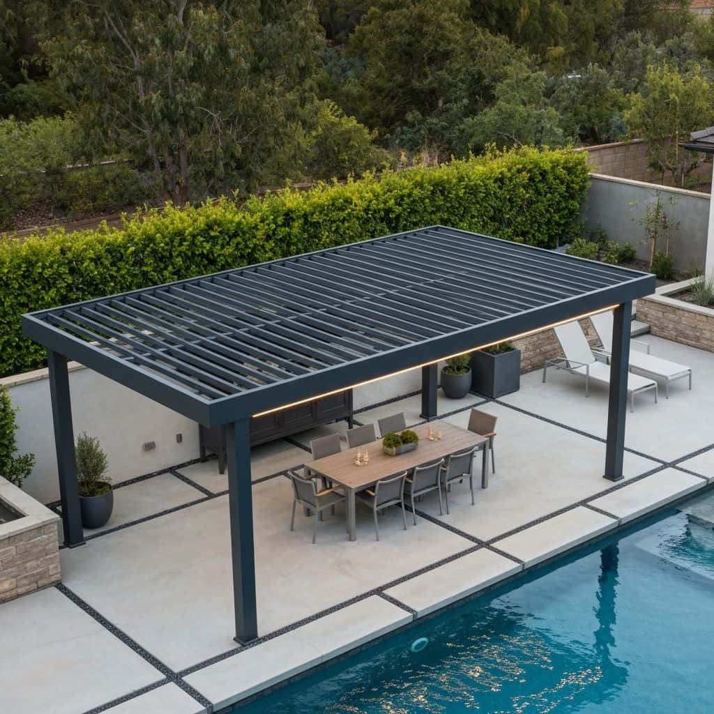 Modern aluminum pergola with outdoor furniture in California backyard