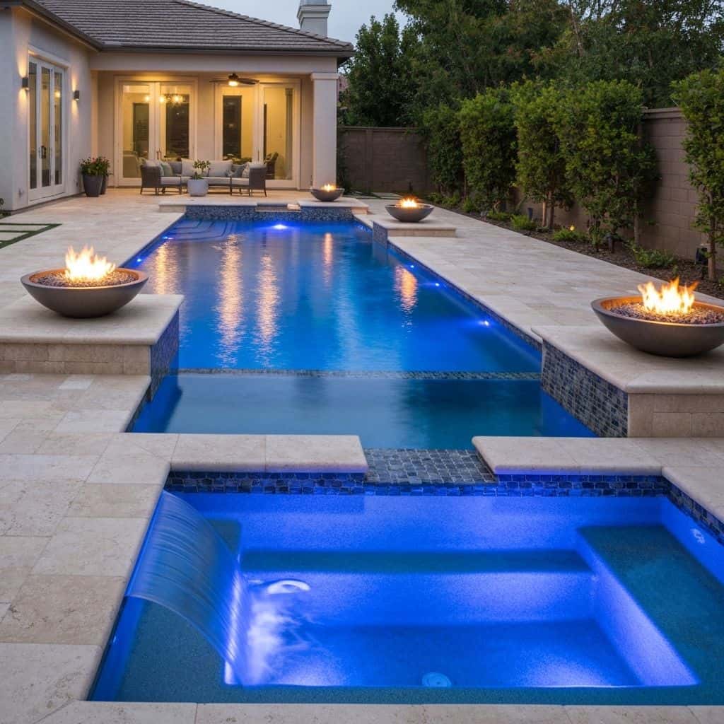 Renovated pool in Orange County with new PebbleTec finish and glass tile