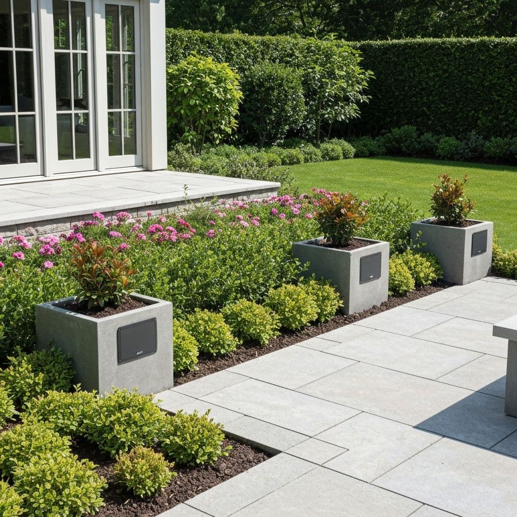 Hidden outdoor speakers integrated into luxury garden landscape