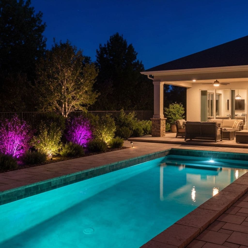 Luxury backyard at night with automated lighting, audio, and entertainment features