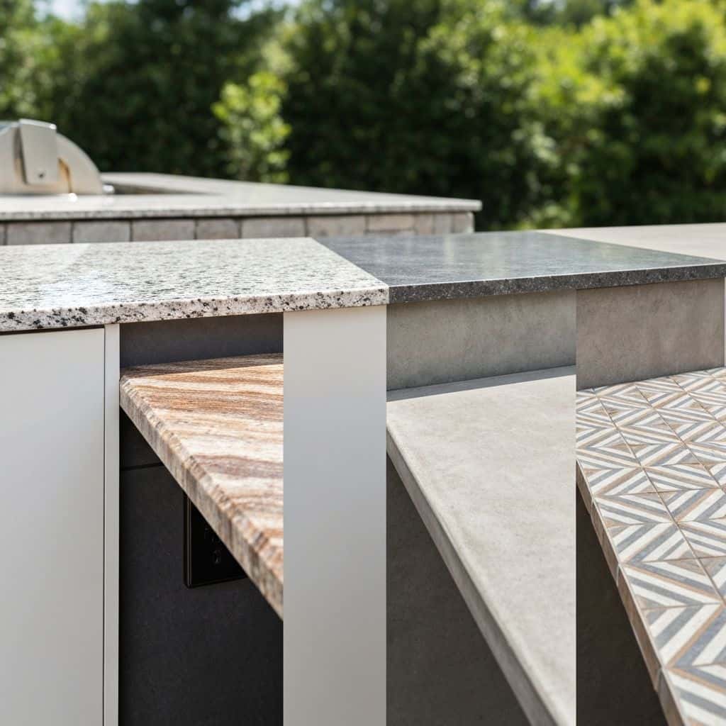 Comparison of four outdoor countertop materials in outdoor kitchen setting