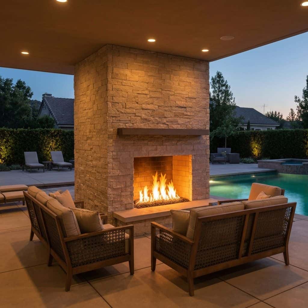Modern outdoor fireplace with stone surround in California backyard at dusk