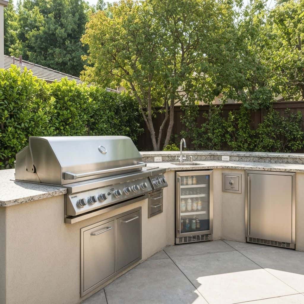 Professional outdoor kitchen with built-in grill, refrigerator, and sink
