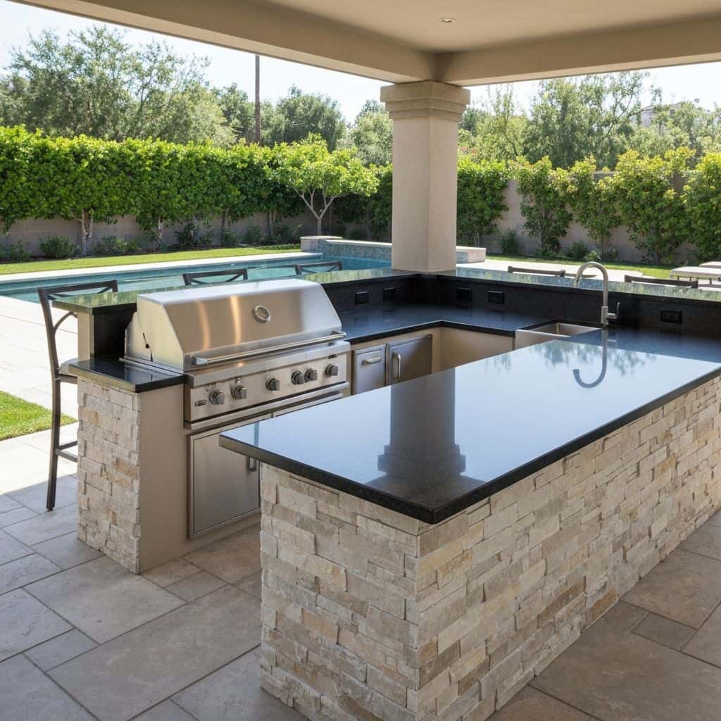 Modern outdoor kitchen with granite countertops and built-in grill in Los Angeles backyard