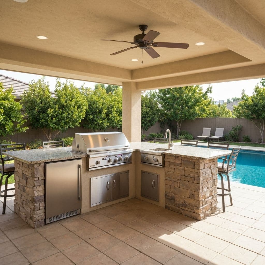L-shaped outdoor kitchen with grill, refrigerator, and bar seating
