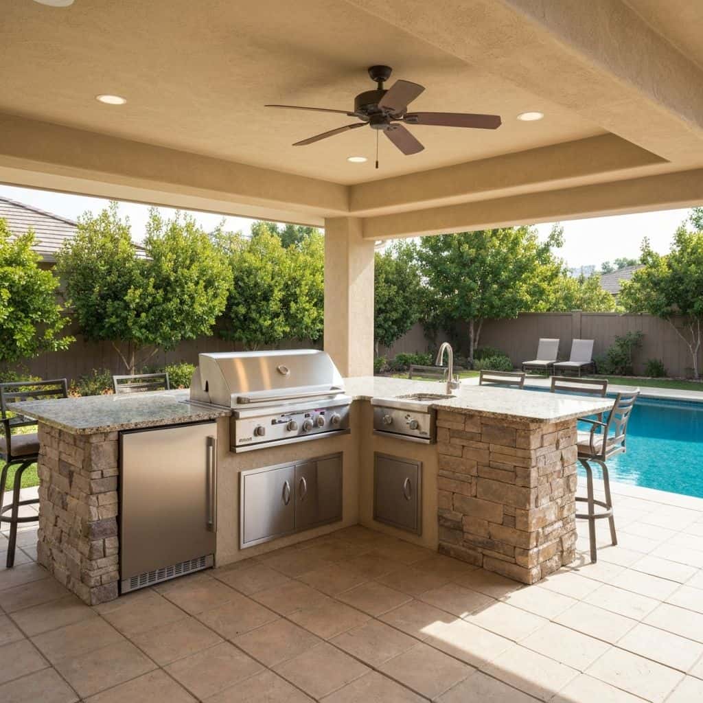 L-shaped outdoor kitchen with grill, refrigerator, and bar seating