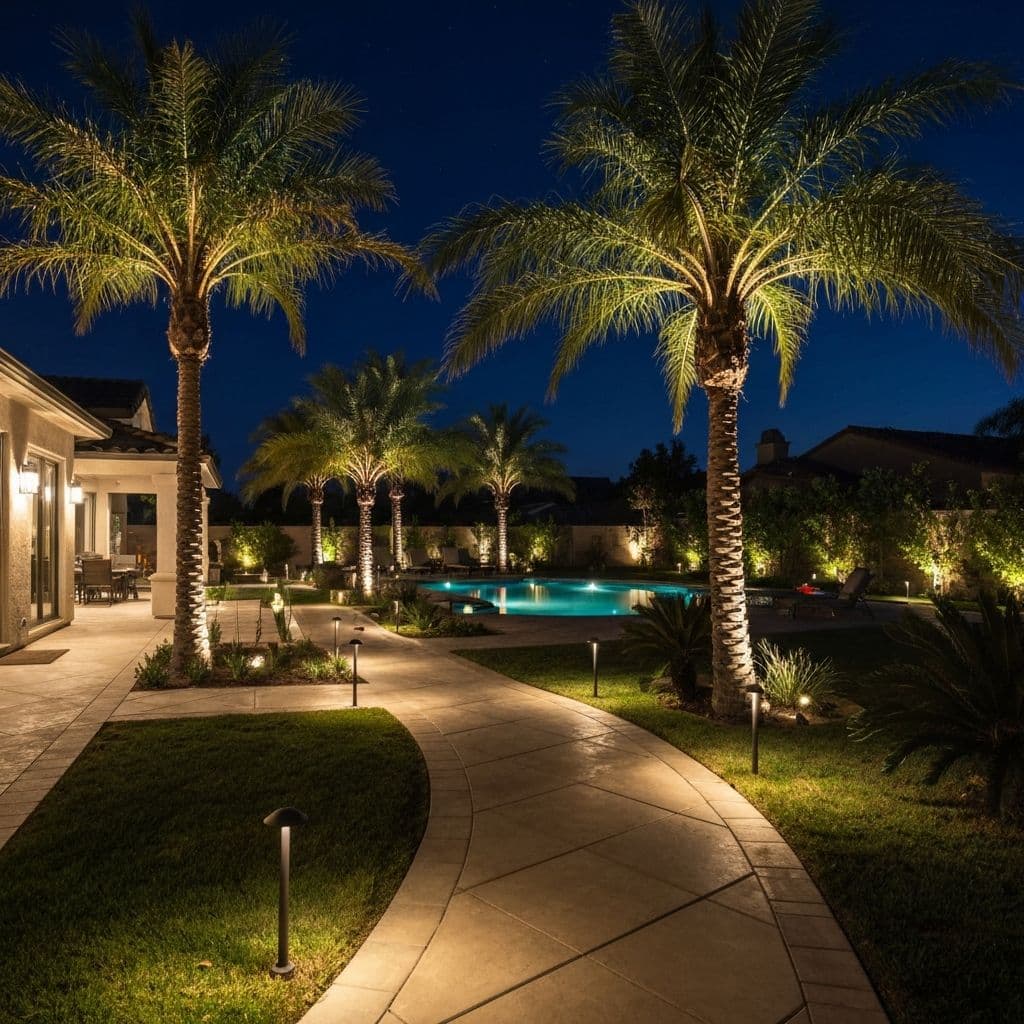 Professionally lit California backyard at night with path lights and uplighting