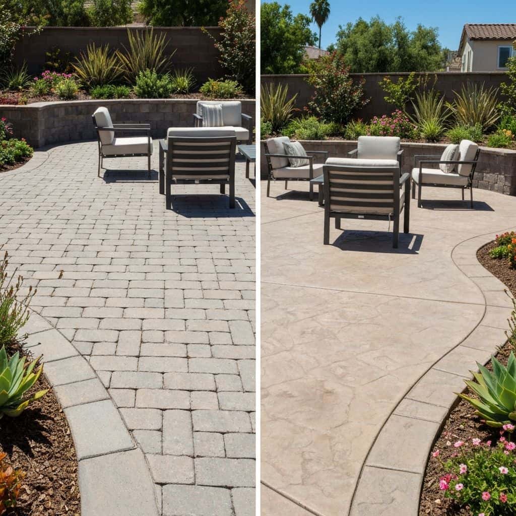 Side by side comparison of paver patio and stamped concrete patio in Southern California backyard