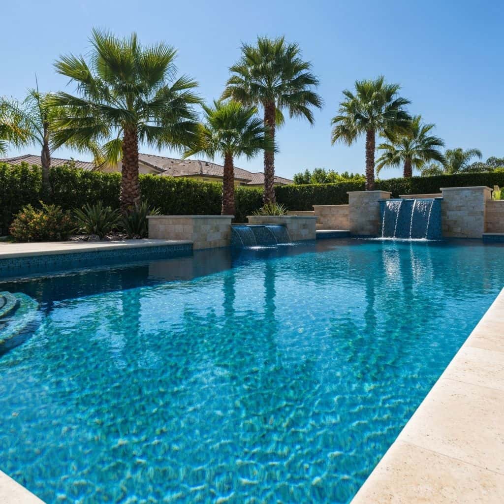 Luxury pool with PebbleTec finish in Southern California backyard