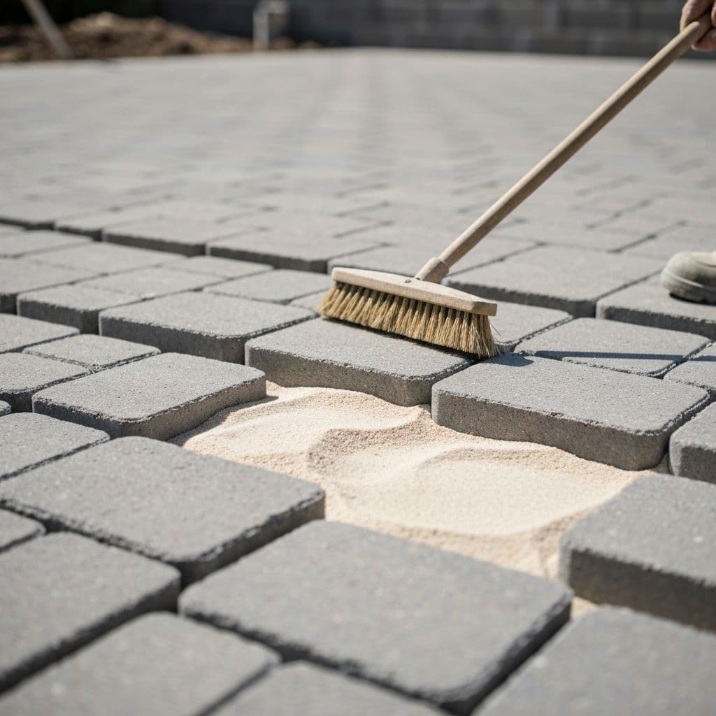 Close-up of polymeric sand being swept into paver joints during professional installation