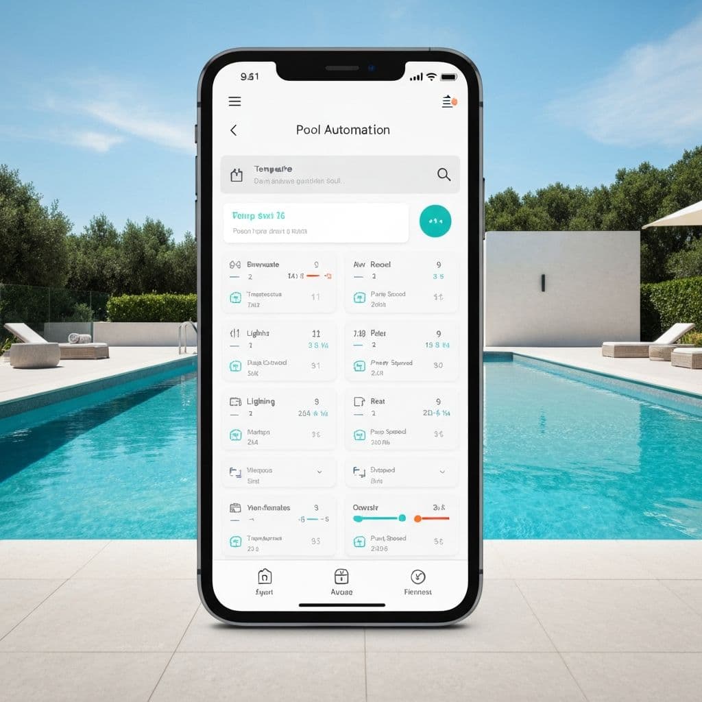 Smartphone showing pool automation app interface with complete system control