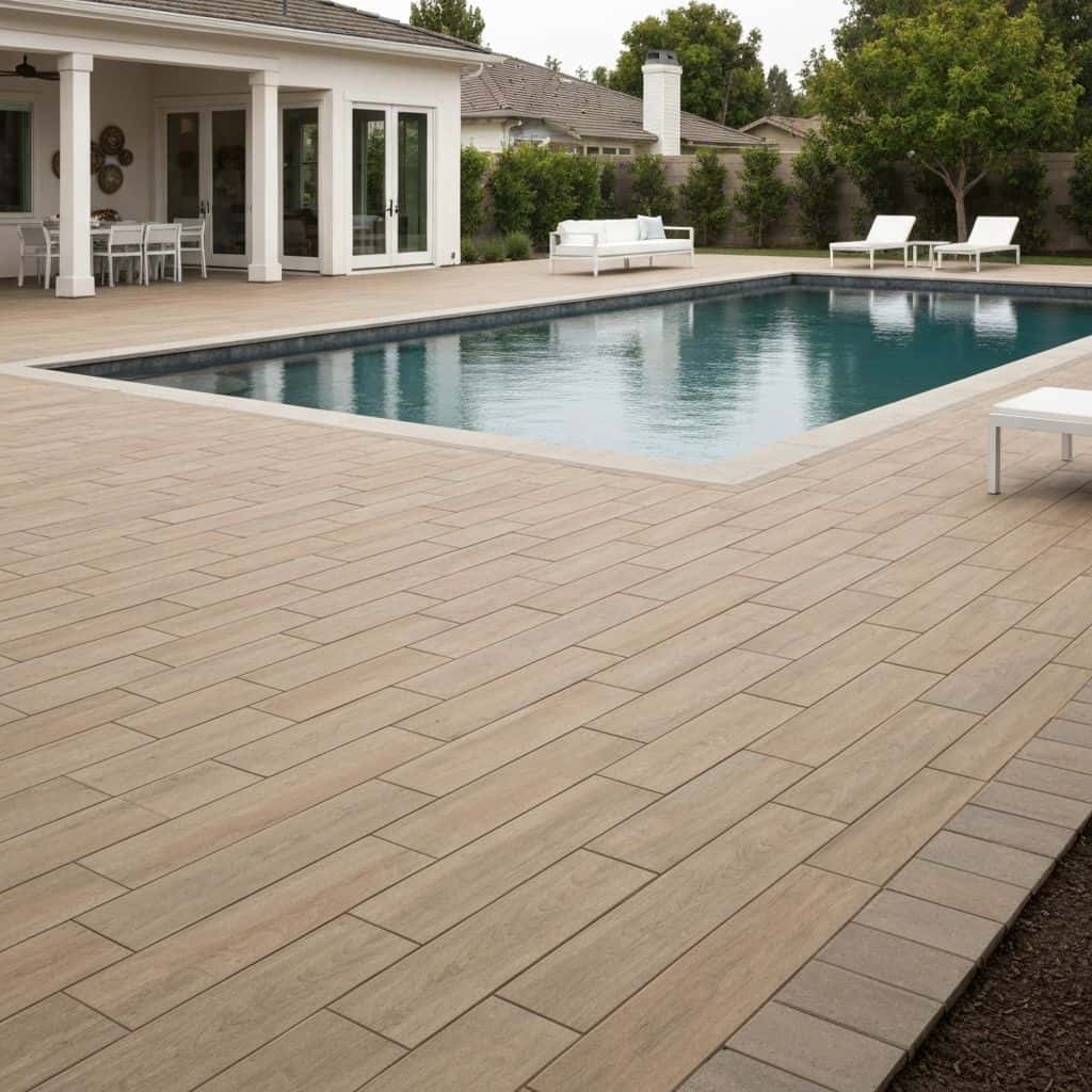 Side by side comparison of porcelain and concrete paver patios