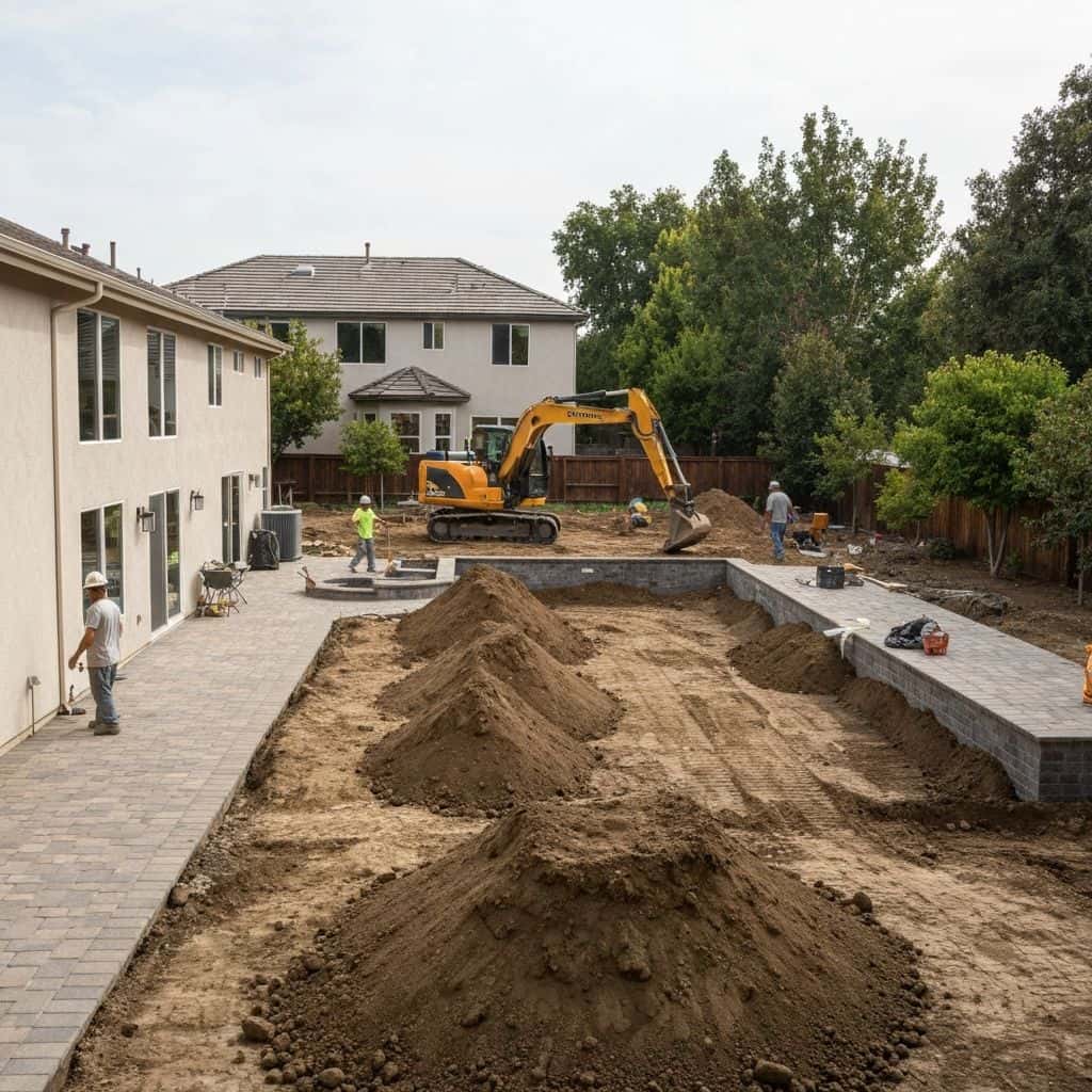 Backyard construction in progress showing excavation and grading