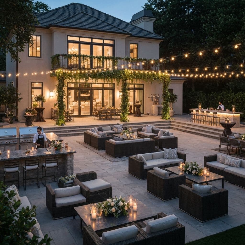 Large backyard entertaining space with multiple zones hosting 100 guests