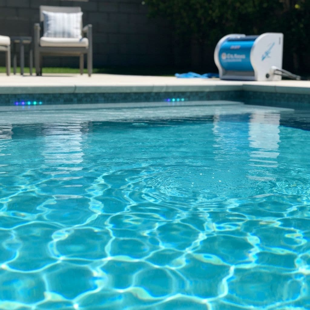 Crystal clear pool water with salt chlorine generator visible