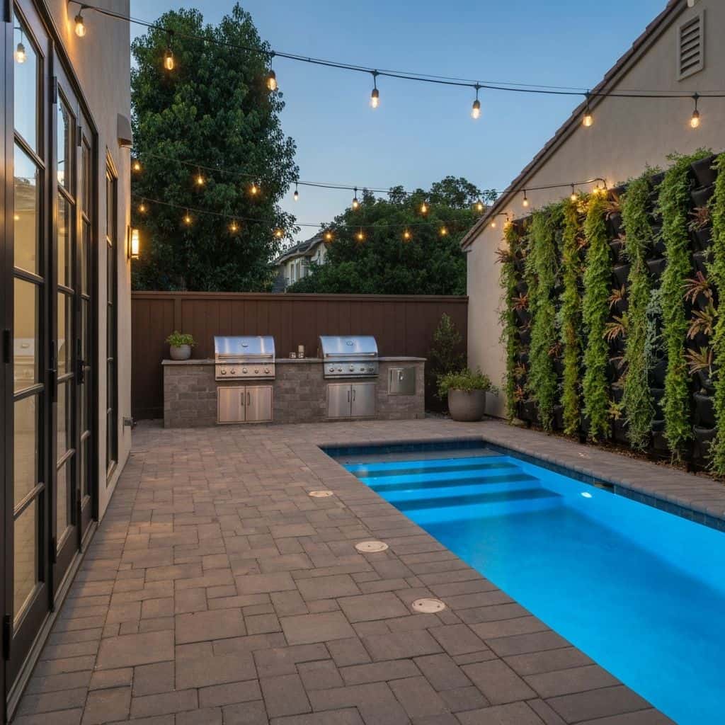 Transformed small backyard with plunge pool and outdoor kitchen