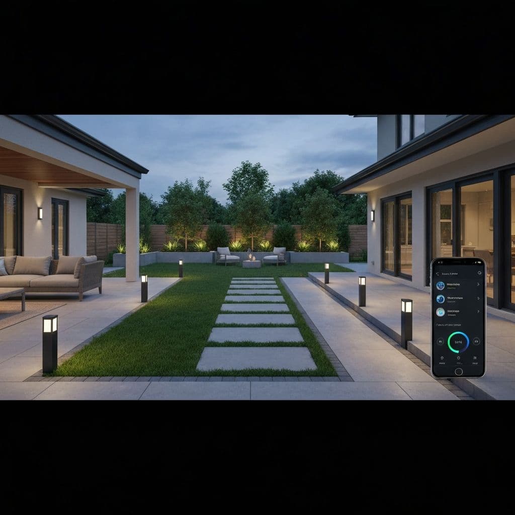 Advanced smart backyard system showing lighting, audio, and climate control