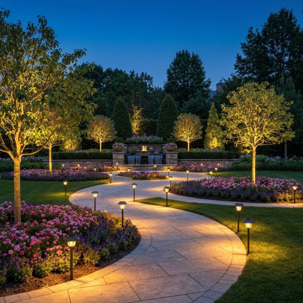 Beautiful solar pathway and accent lighting in luxury garden at night