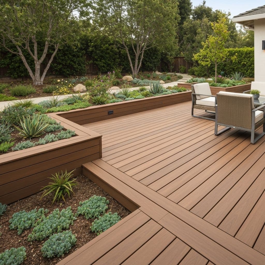 Comparison of Trex composite deck and natural wood deck in backyard