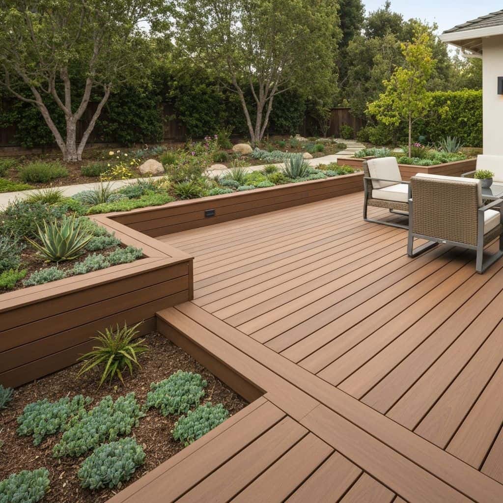 Comparison of Trex composite deck and natural wood deck in backyard