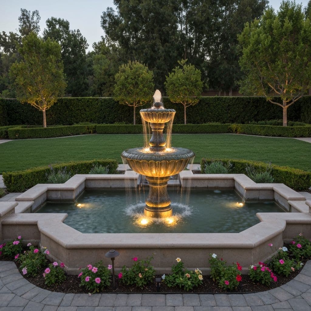 Beautiful backyard water fountain creating focal point and ambiance