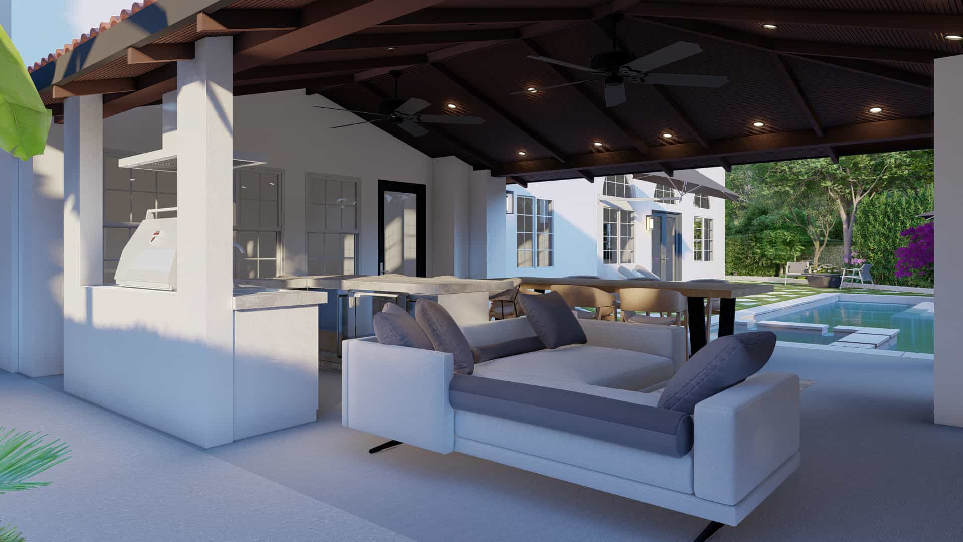 Outdoor living pavilion with lounge area