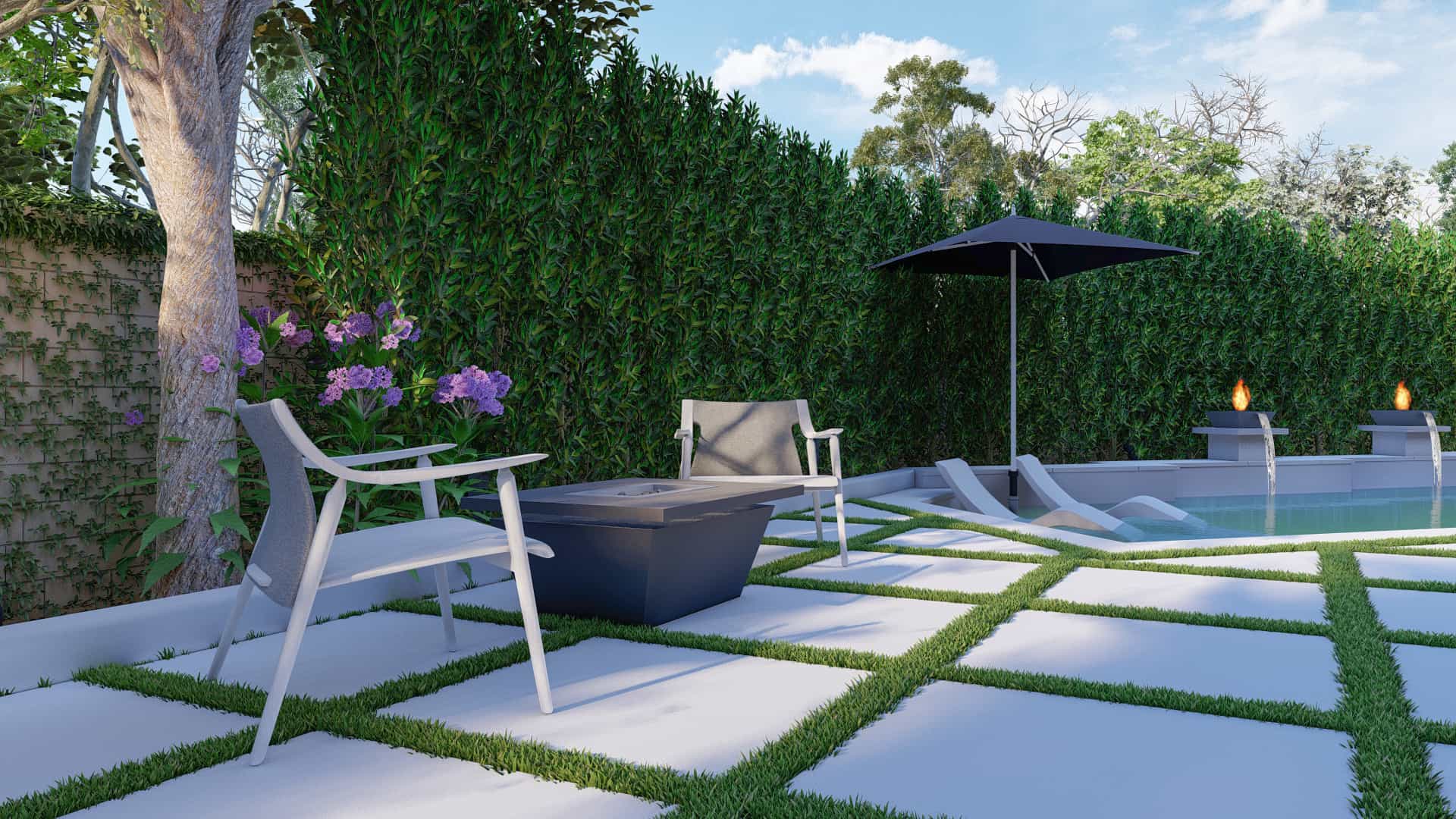 Intimate backyard pool and seating area